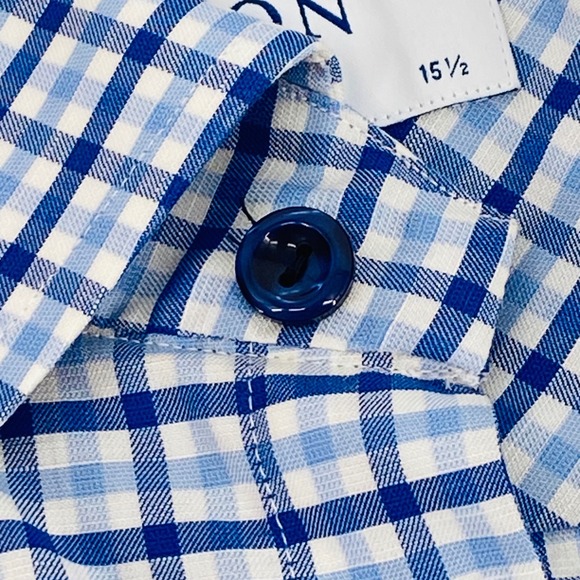 ETON Shirt Mens Medium Slim Fit Blue White Gingham Twill Cotton Linen Blend - Picture 9 of 9